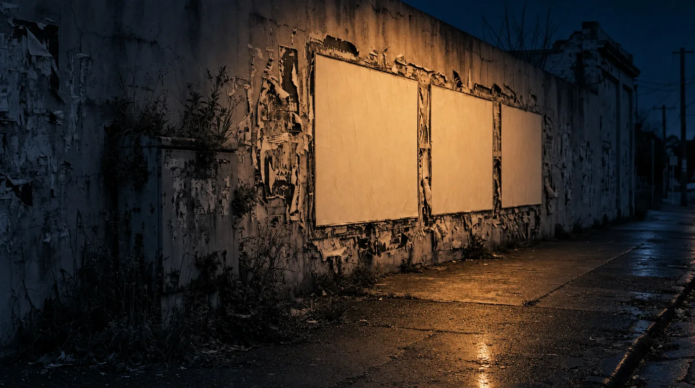 Die Straßenwand bei Nacht im Laternenlicht: Stromkasten, drei Plakatflächen, nasser Gehweg. KI-generiert.