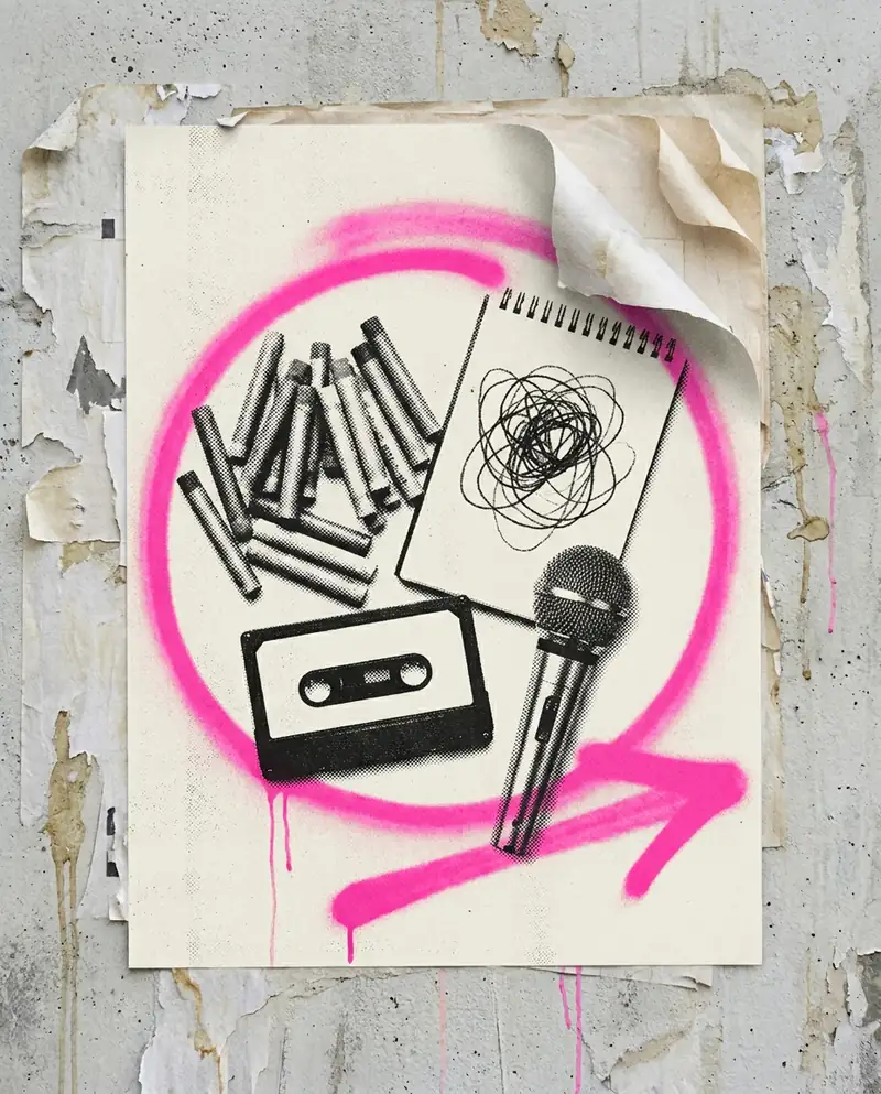 Plakat: Ölkreiden, Skizzenbuch, Kassette und Mikrofon, pink umkreist, KI-generiert.