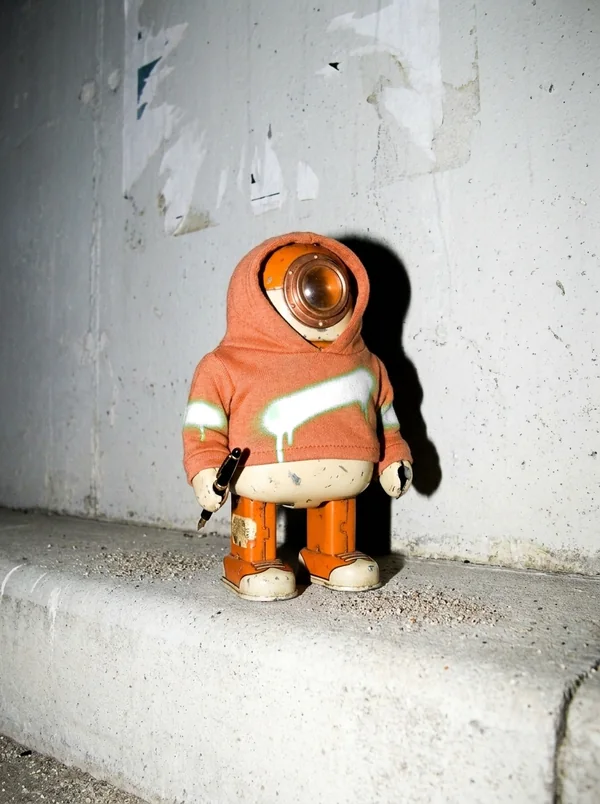 Kleiner Blechroboter im terrakottafarbenen Hoodie mit Bullauge und Füller, steht an einer Betonwand auf dem Bordstein. KI-generiert.